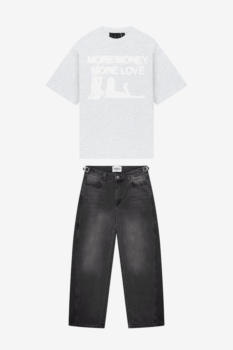WET DREAM TEE GREY MELANGE + DISTINCTIVE BAGGY DENIM BLACK WASHED