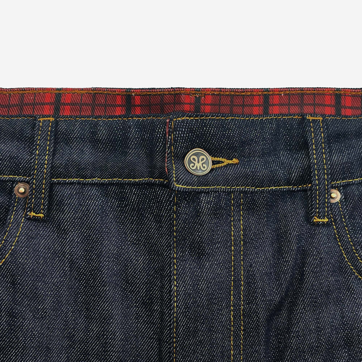 PLAID PATCHWORK RAW DENIM
