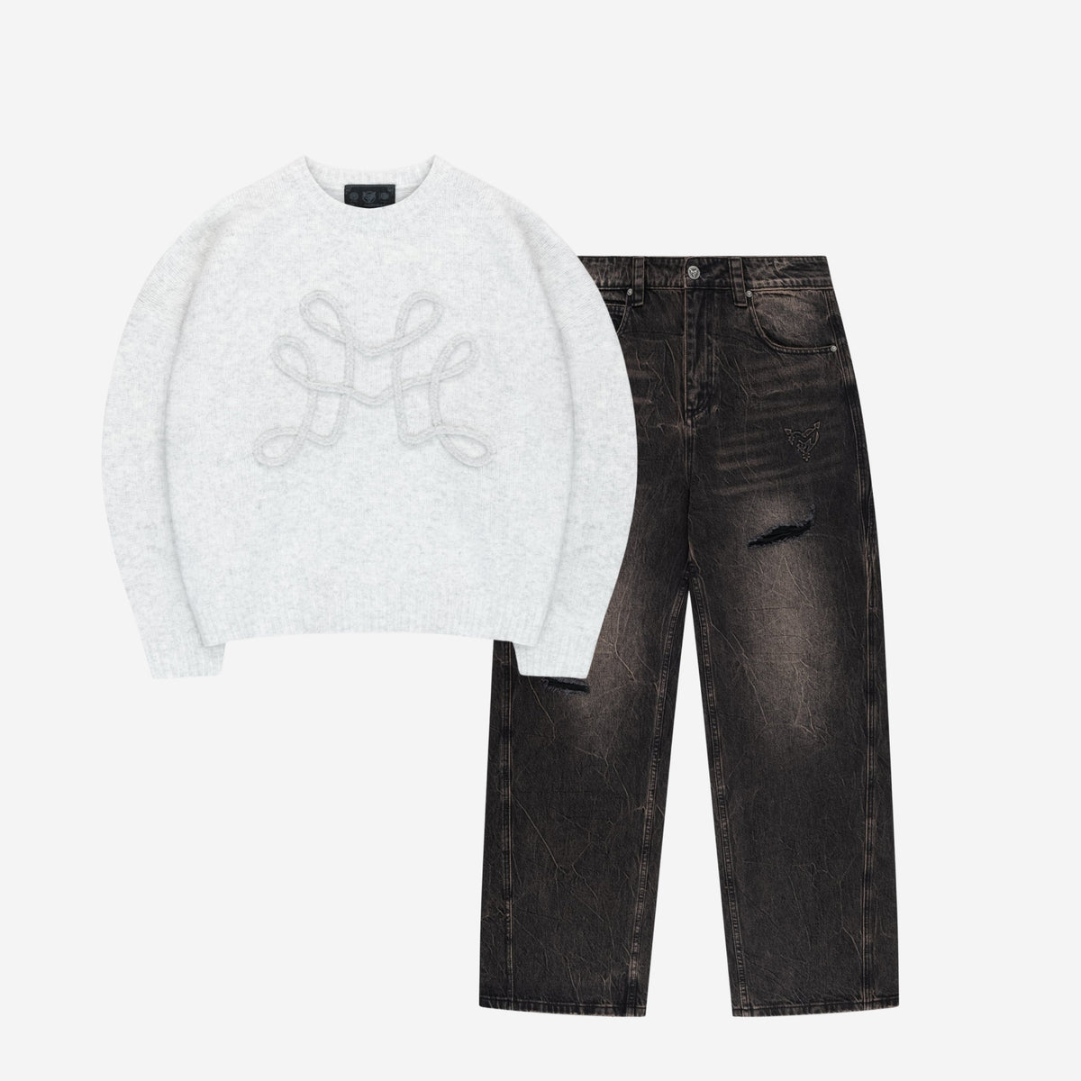 DA BIG M KNIT SWEATER GREY + RIPPED DISTINCTIVE BAGGY DENIM BLACK