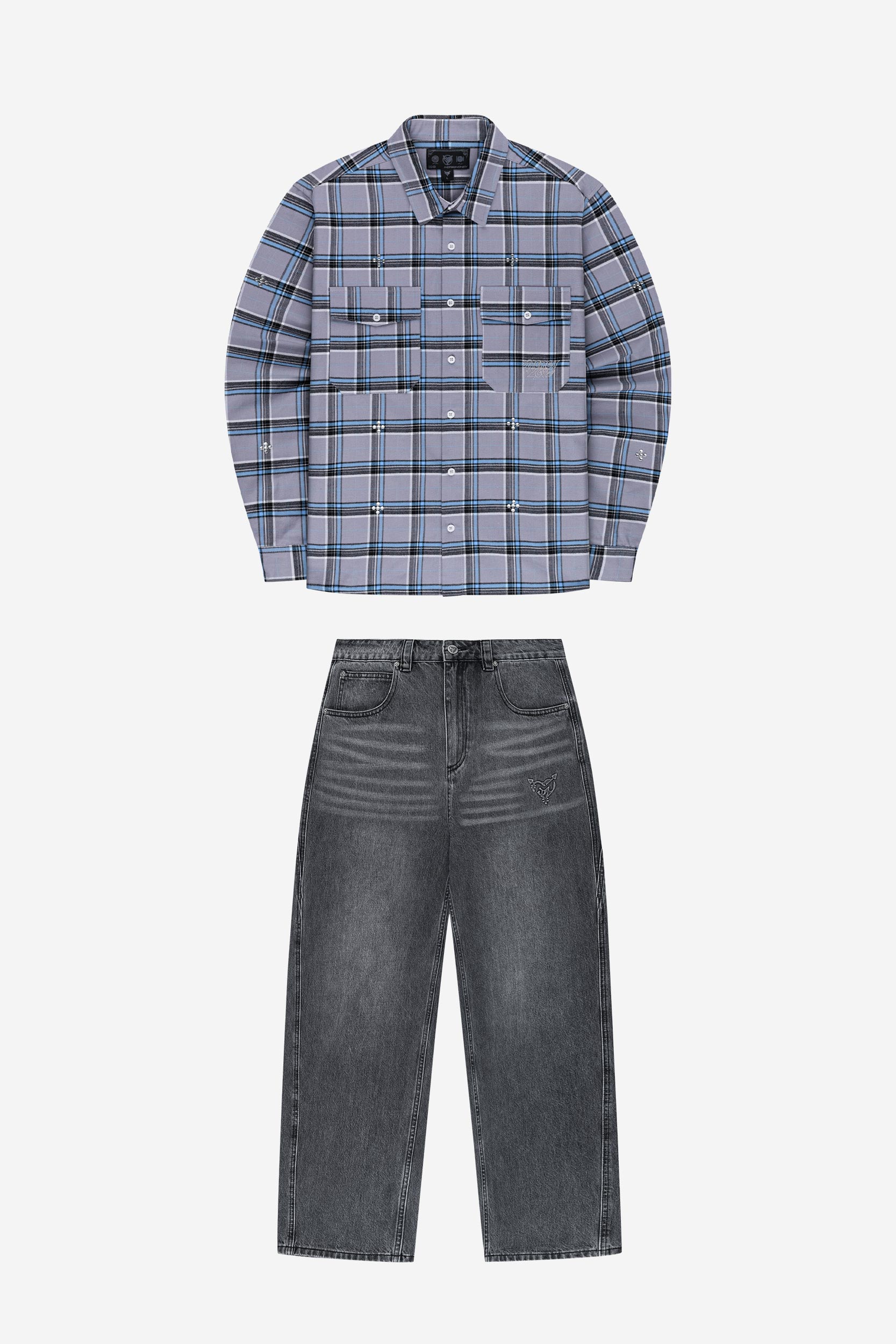 PLUS RHINESTONE FLANNEL BLUE + DISTINCTIVE BAGGY DENIM GREY