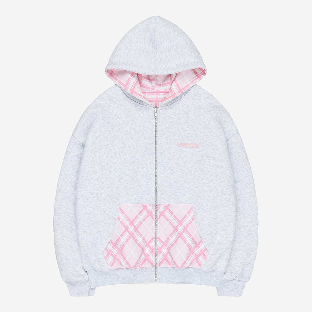 REVERSIBLE PLAID ZIP HOODIE PINK