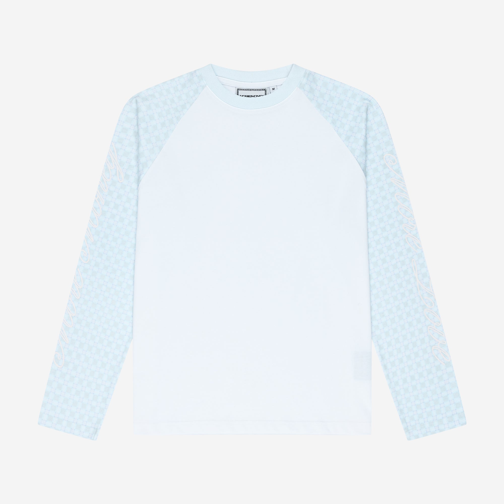 PLAID SCRIPT RAGLAN LONGSLEEVE AIR BLUE + DISTINCTIVE DENIM WASHED BLUE