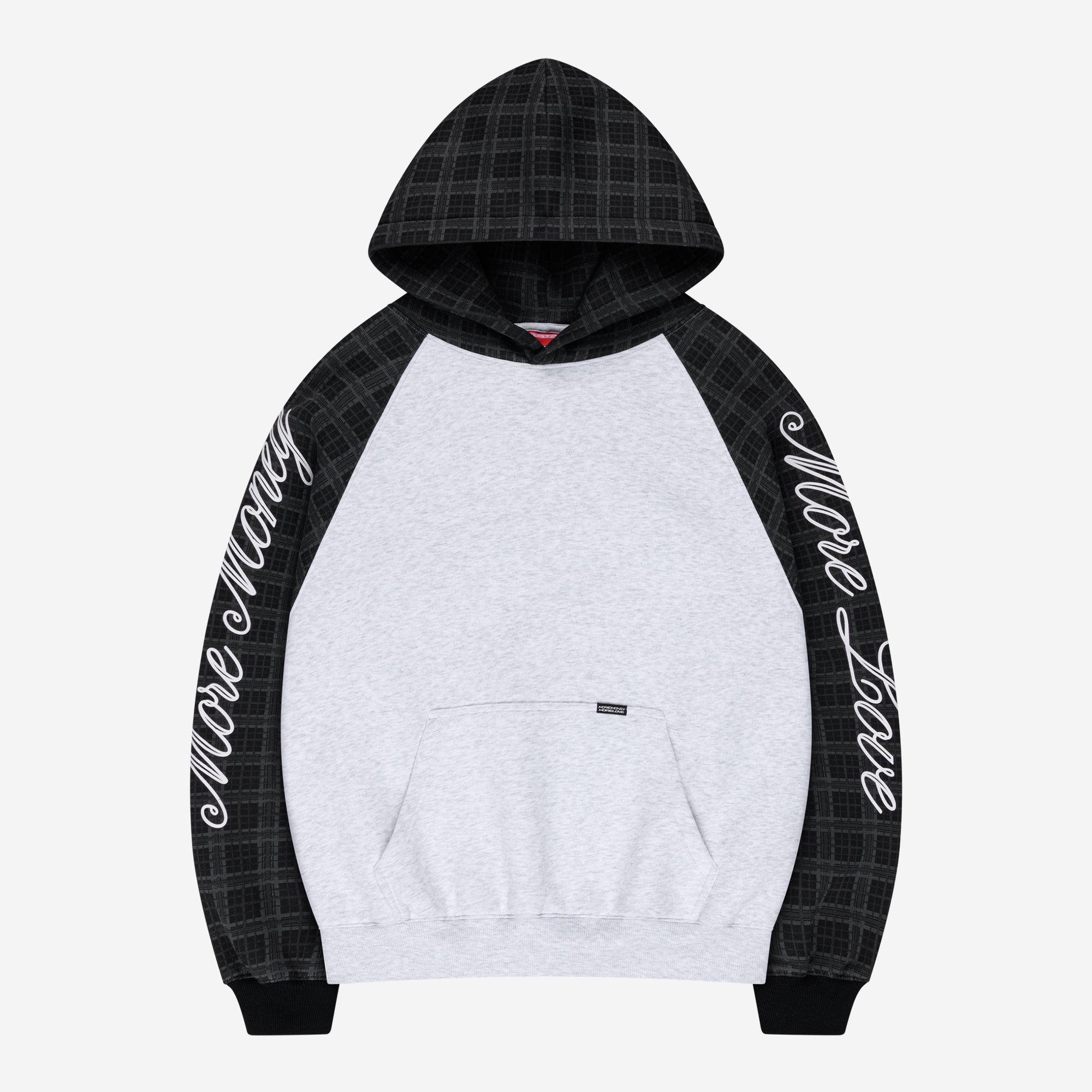 PLAID SCRIPT RAGLAN HOODIE BLACK + BASE DENIM LIGHT BLUE