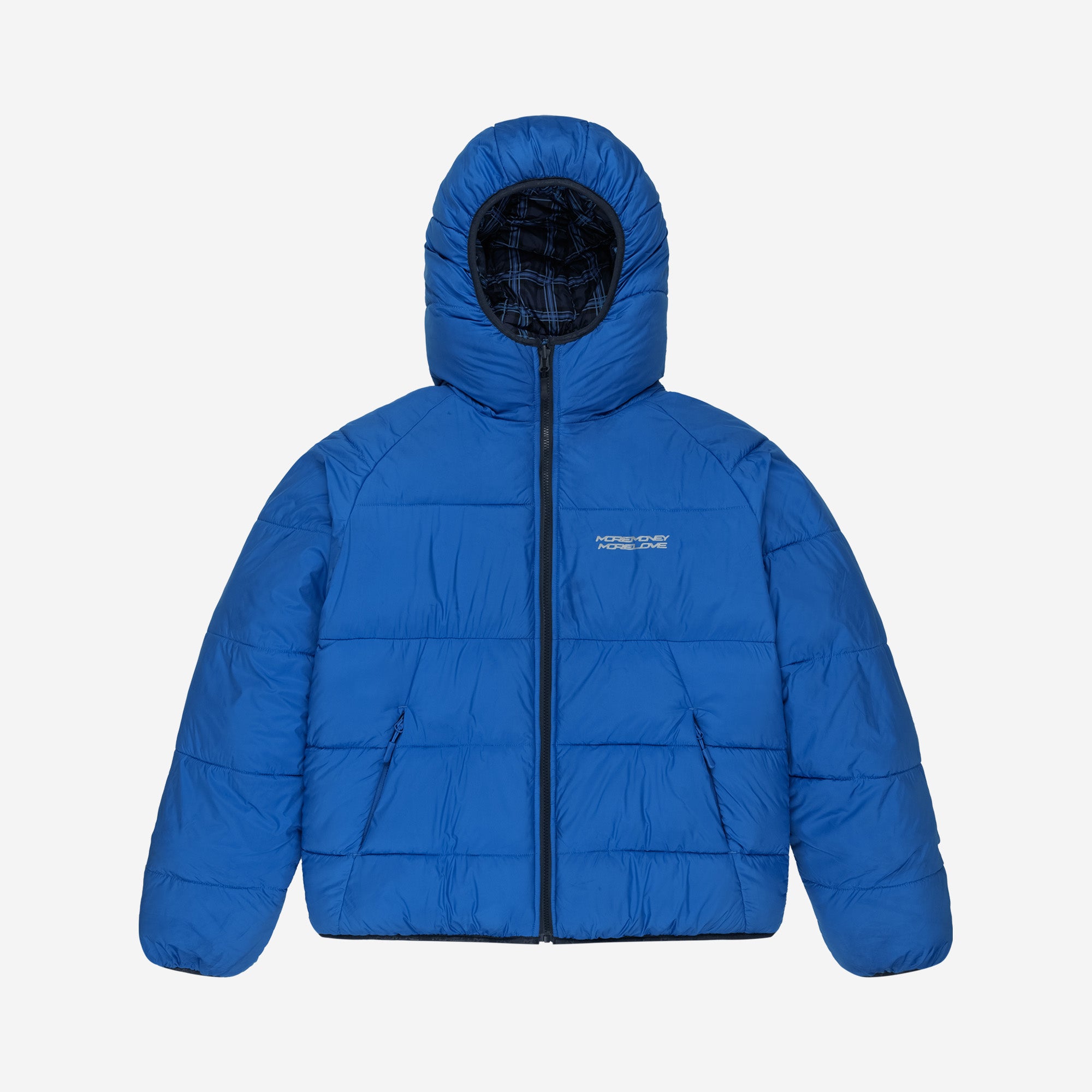 REVERSIBLE PLAID PUFFER BLUE