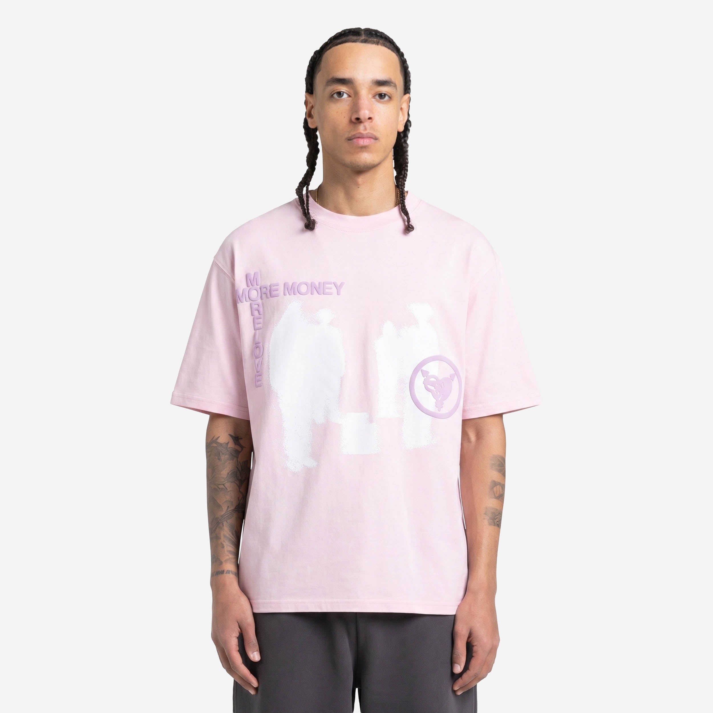 LOST BOND TEE LIGHT PINK + BASE JORTS RAW BLUE