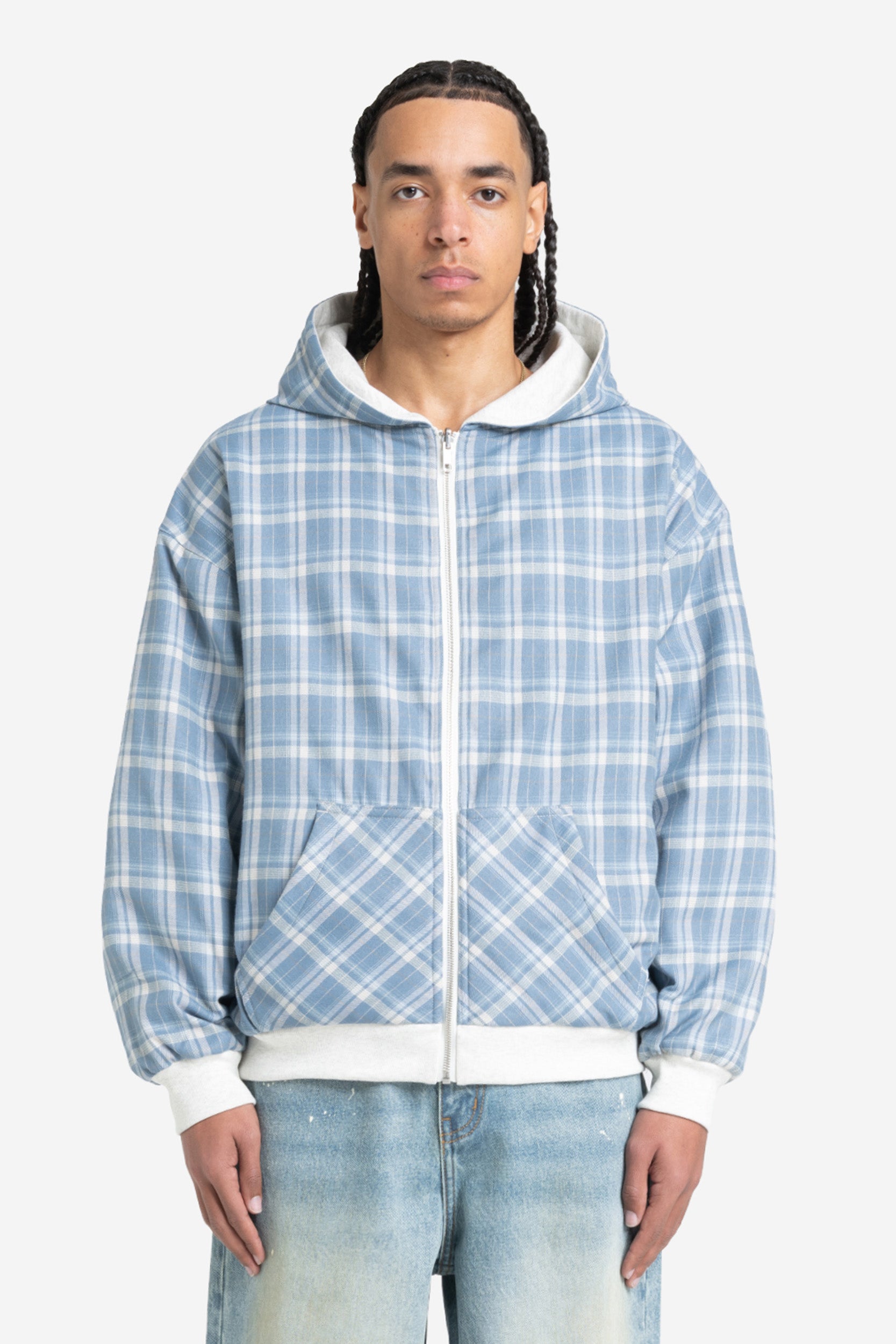 REVERSIBLE PLAID ZIP HOODIE GREY MELANGE