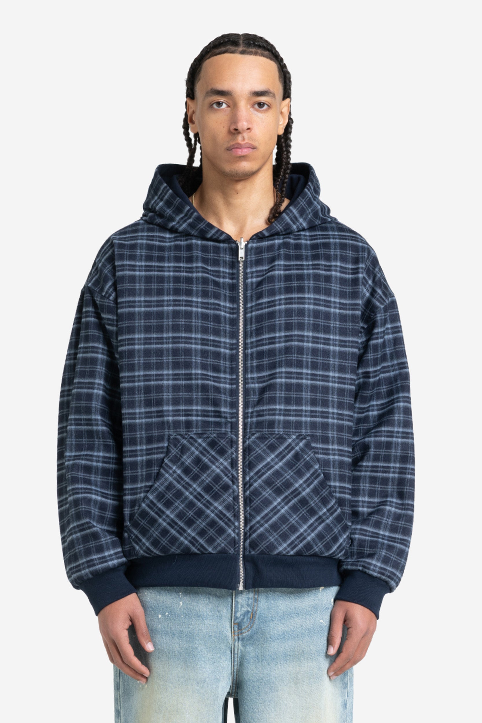 REVERSIBLE PLAID ZIP HOODIE NAVY
