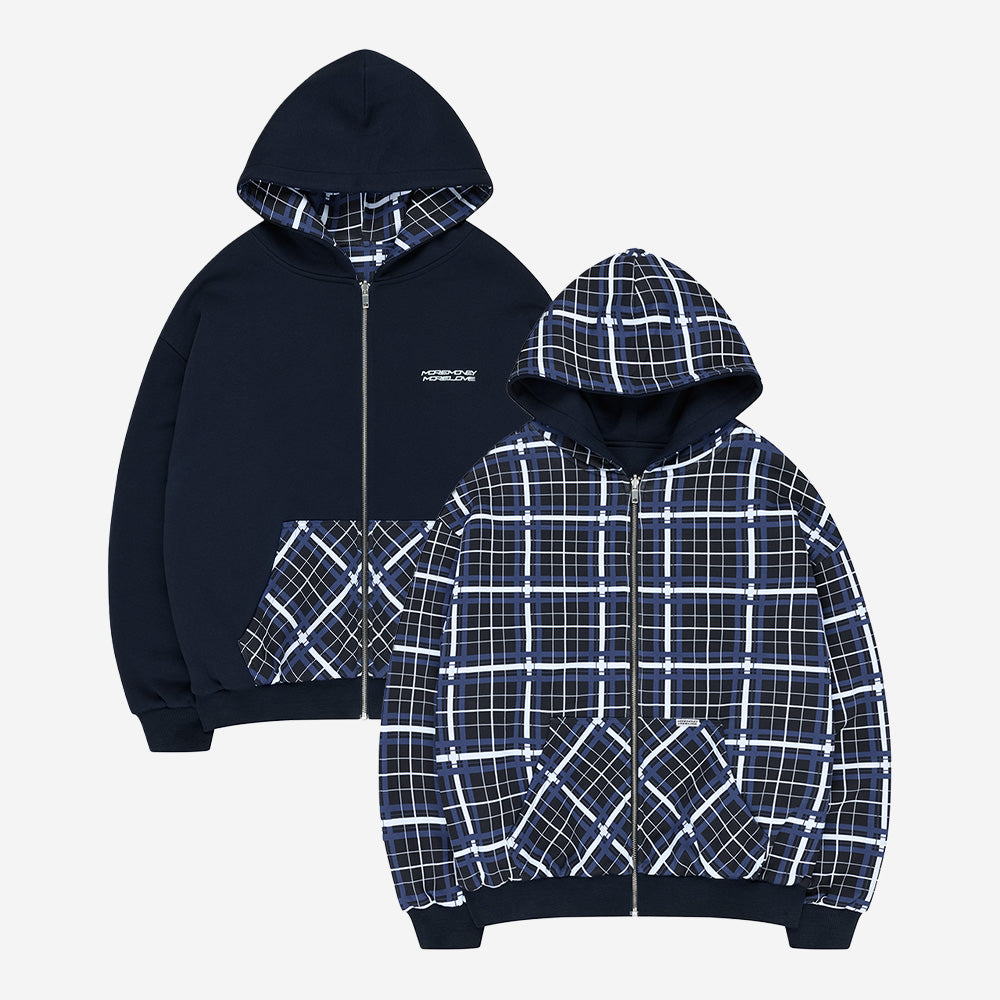 REVERSIBLE PLAID ZIP HOODIE DARK NAVY