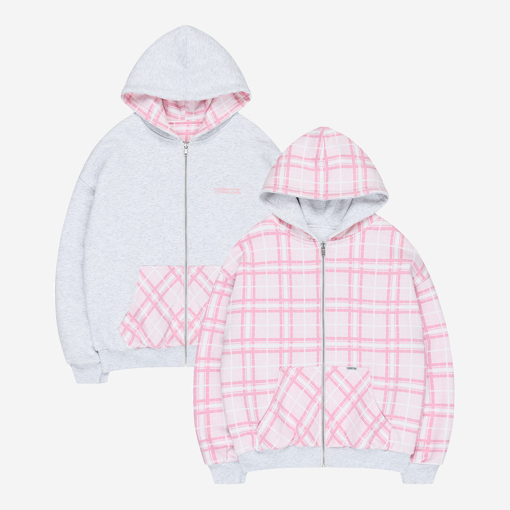 REVERSIBLE PLAID ZIP HOODIE PINK