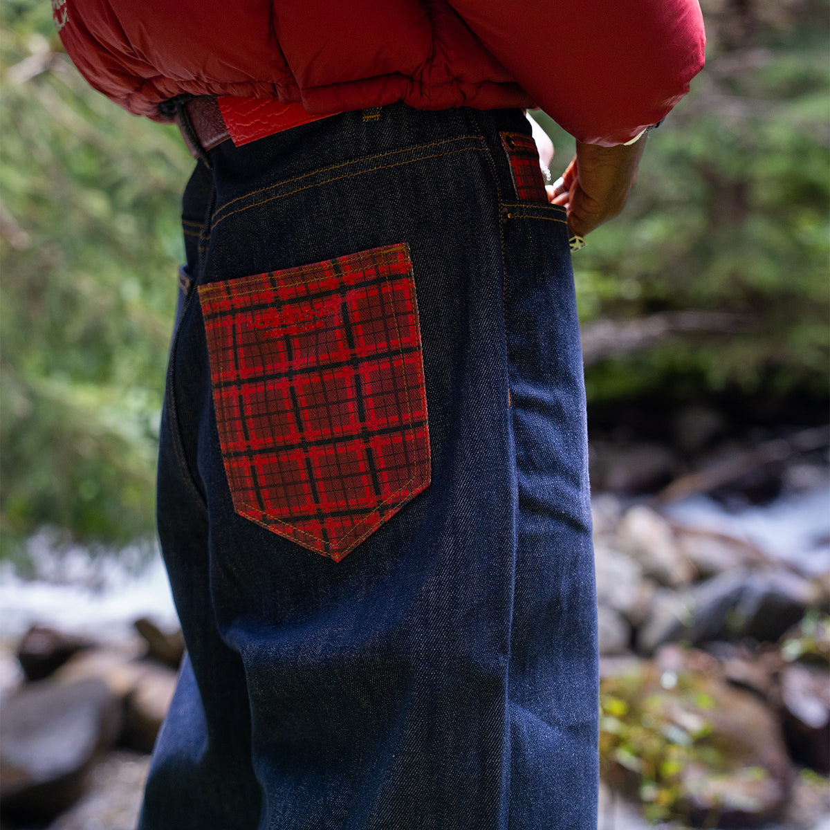 PLAID PATCHWORK RAW DENIM
