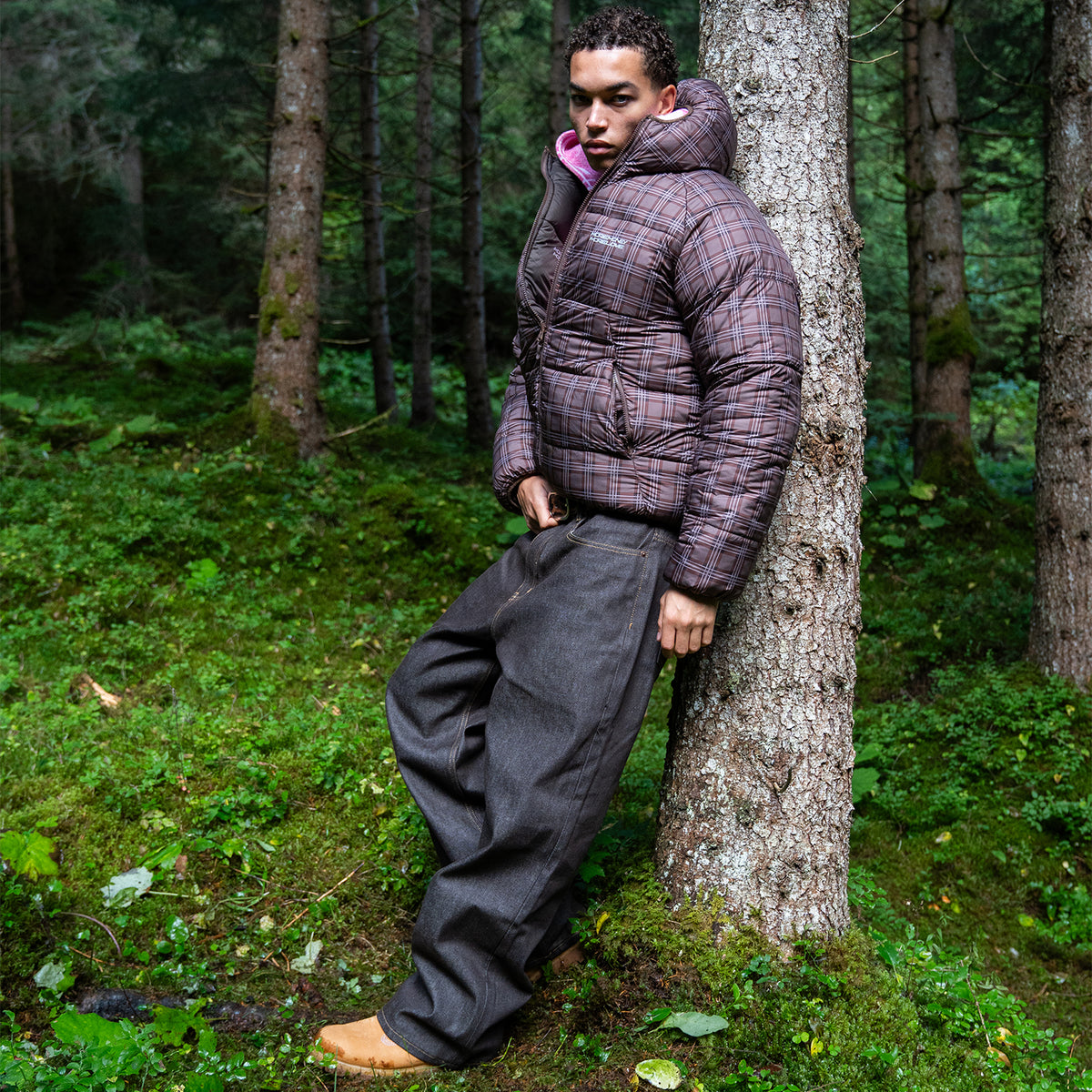 REVERSIBLE PLAID PUFFER BROWN