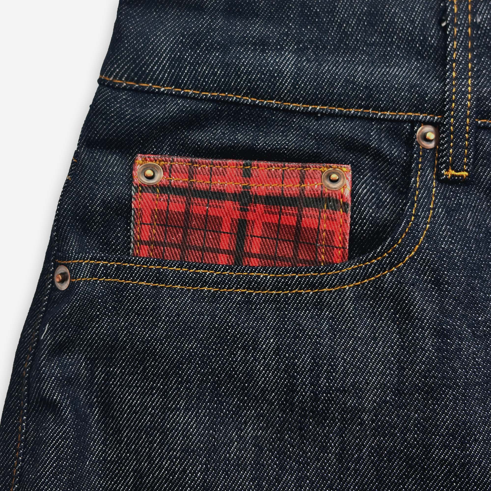 PLAID PATCHWORK RAW DENIM