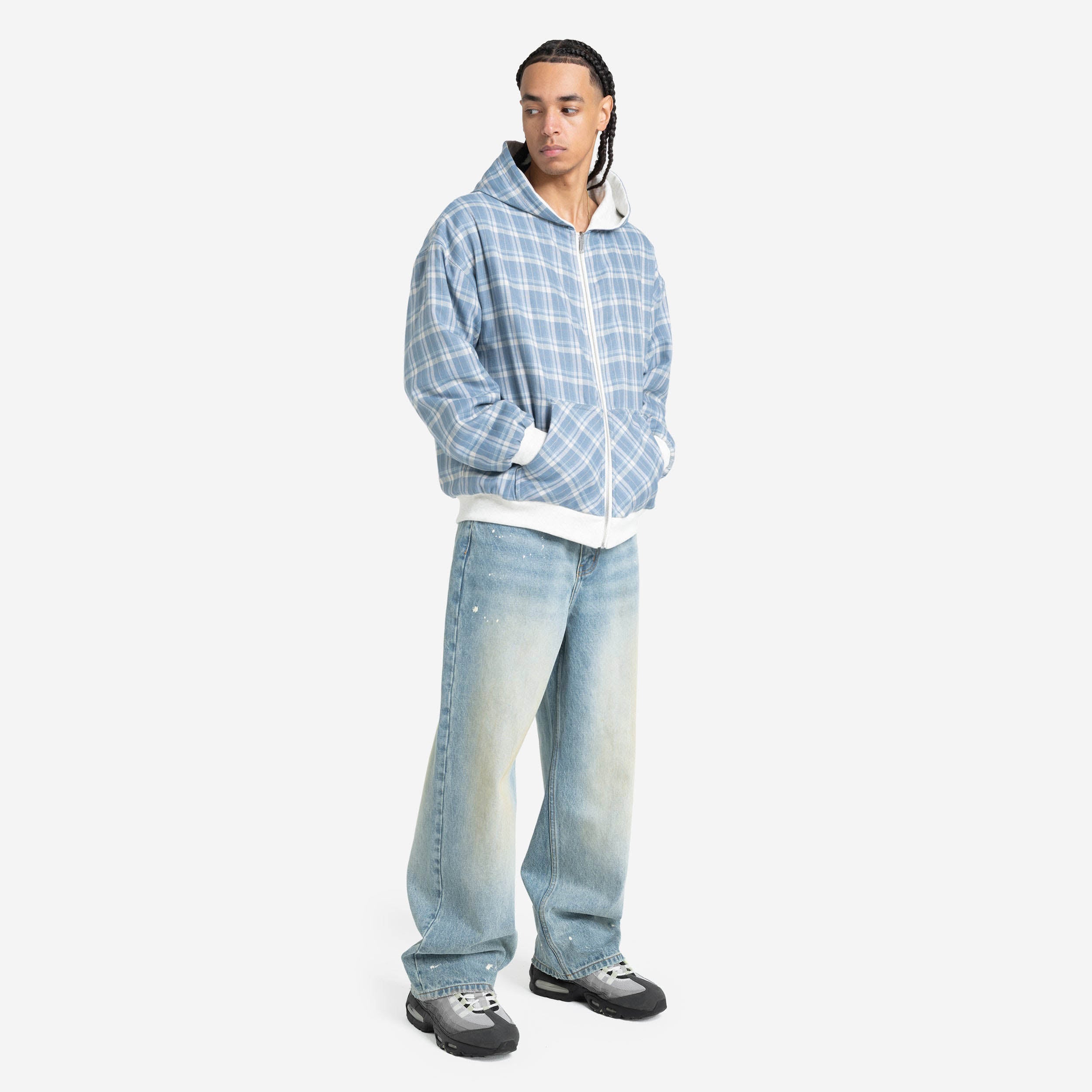 REVERSIBLE PLAID ZIP HOODIE GREY MELANGE