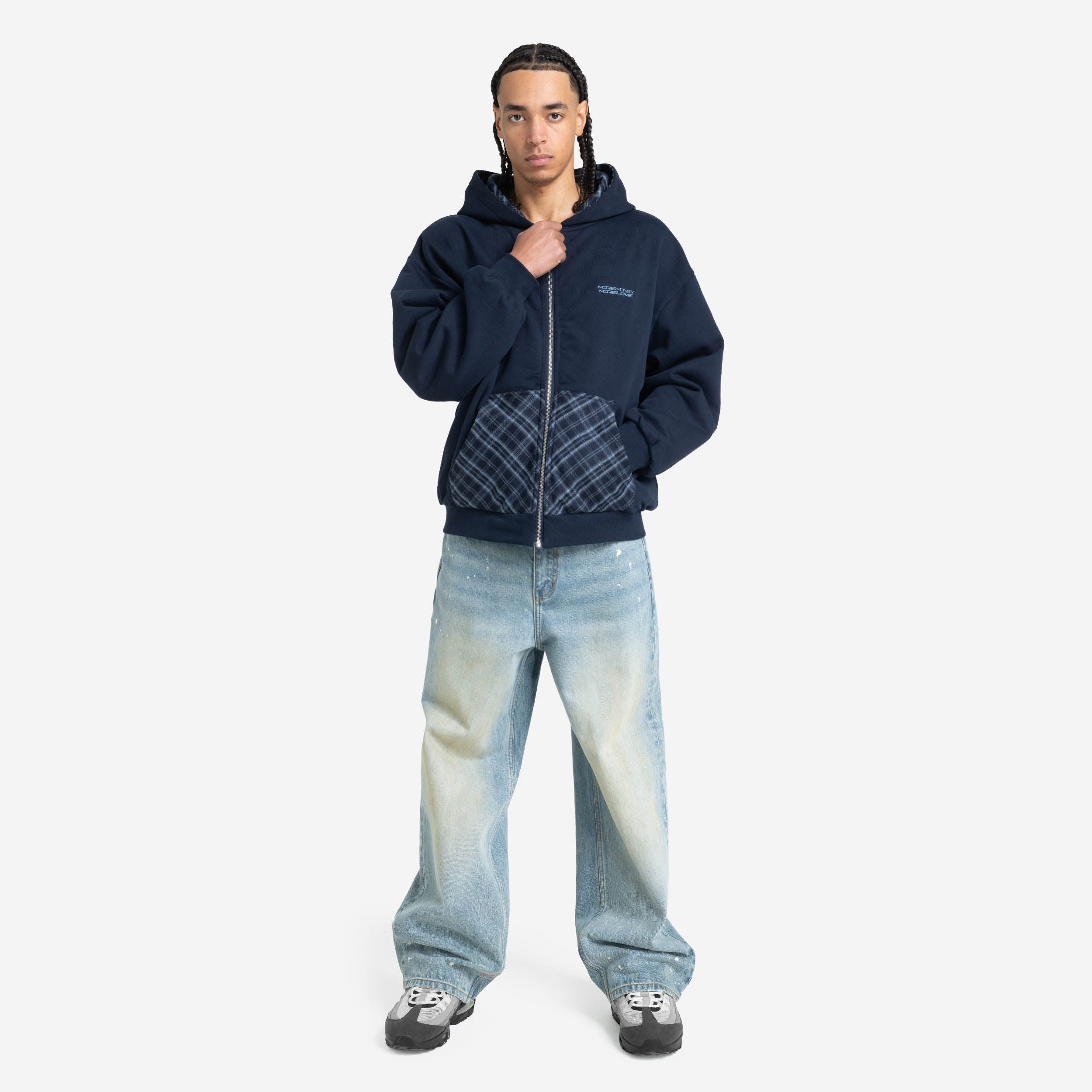 REVERSIBLE PLAID ZIP HOODIE NAVY