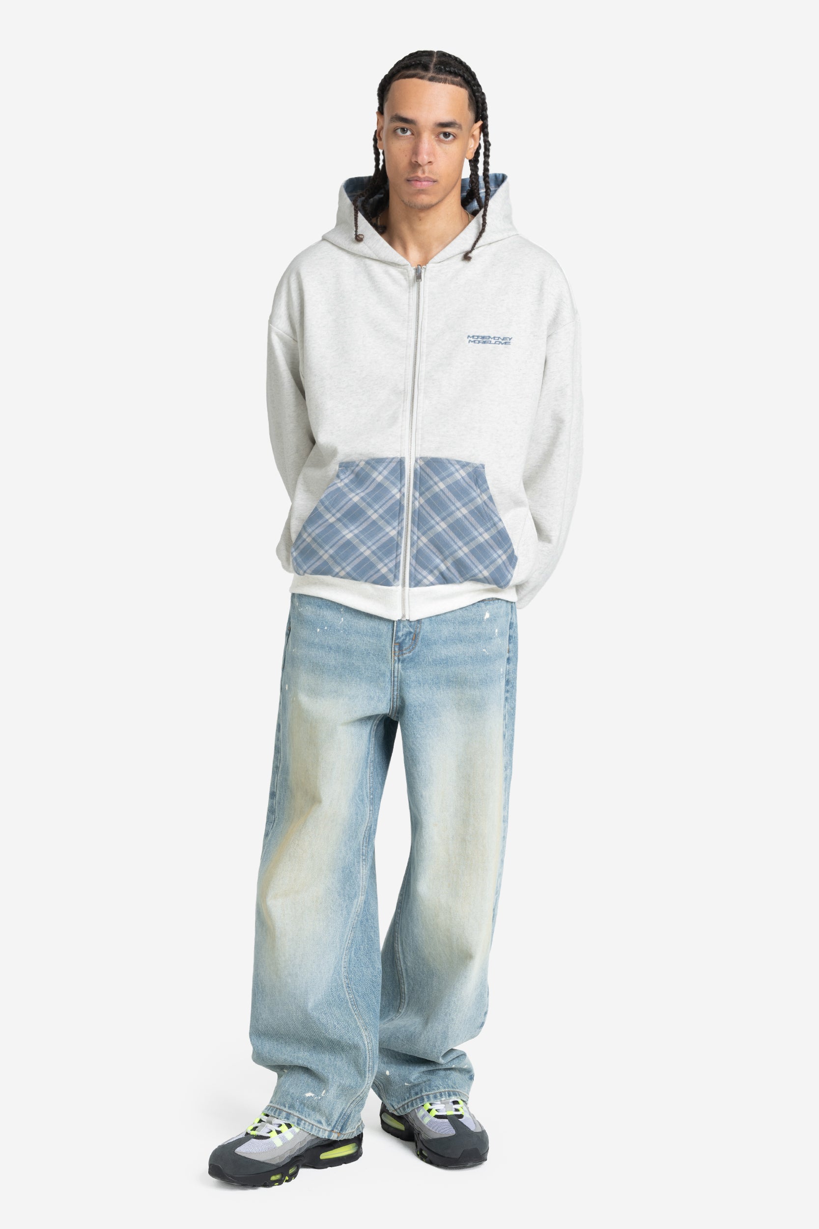 REVERSIBLE PLAID ZIP HOODIE GREY MELANGE