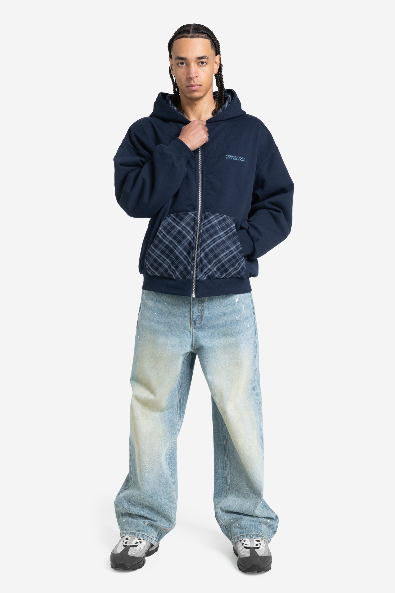 REVERSIBLE PLAID ZIP HOODIE NAVY