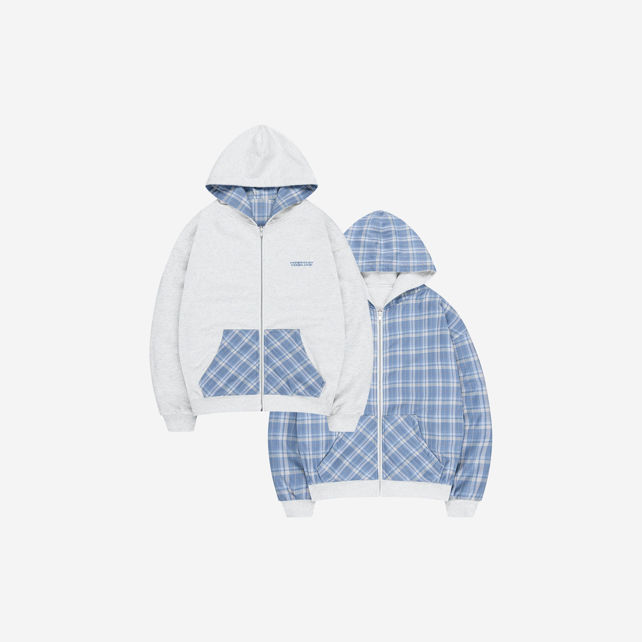 REVERSIBLE PLAID ZIP HOODIE GREY MELANGE