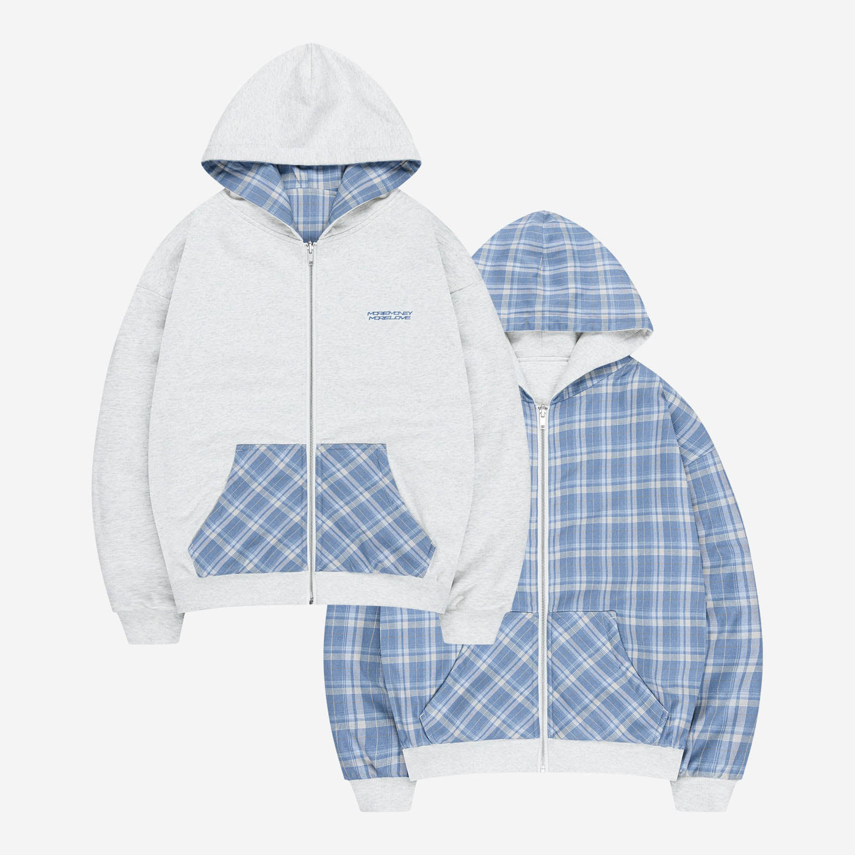 REVERSIBLE PLAID ZIP HOODIE GREY MELANGE