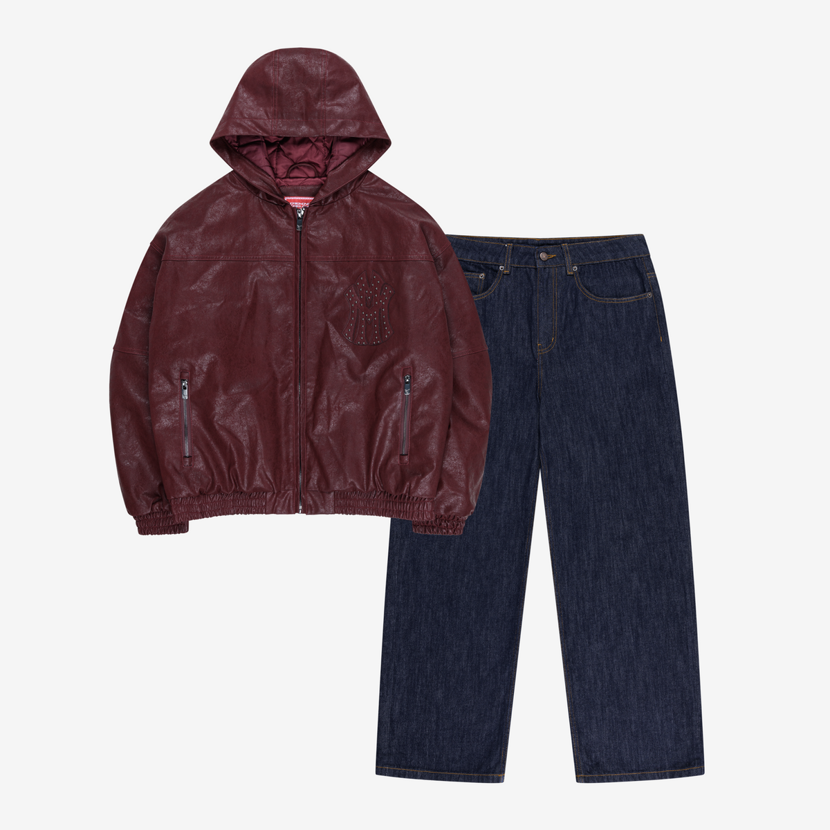 DA BIG M LEATHER JACKET RED + RAW BASE DENIM