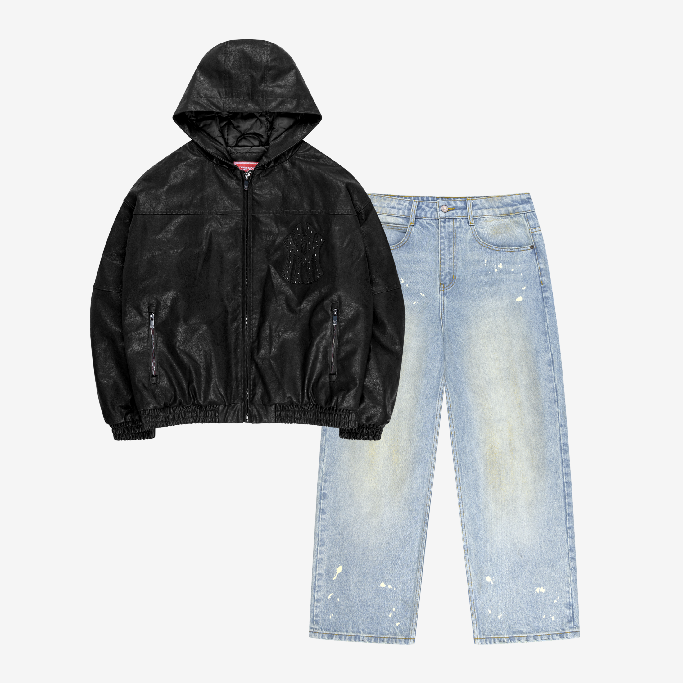 DA BIG M LEATHER JACKET BLACK + UTILITY DENIM VINTAGE BLUE