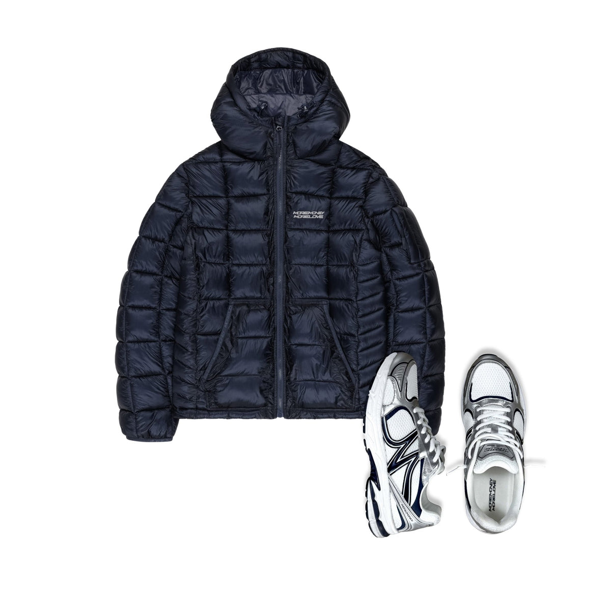 MORE MONEY SLIM PUFFER NAVY + MOTION RUNNER NAVY STEEL