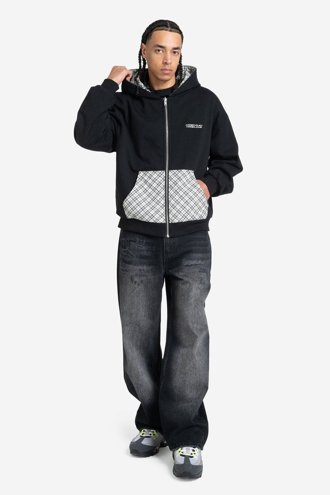 REVERSIBLE PLAID ZIP HOODIE BLACK + REPAIR DENIM BLACK IRON