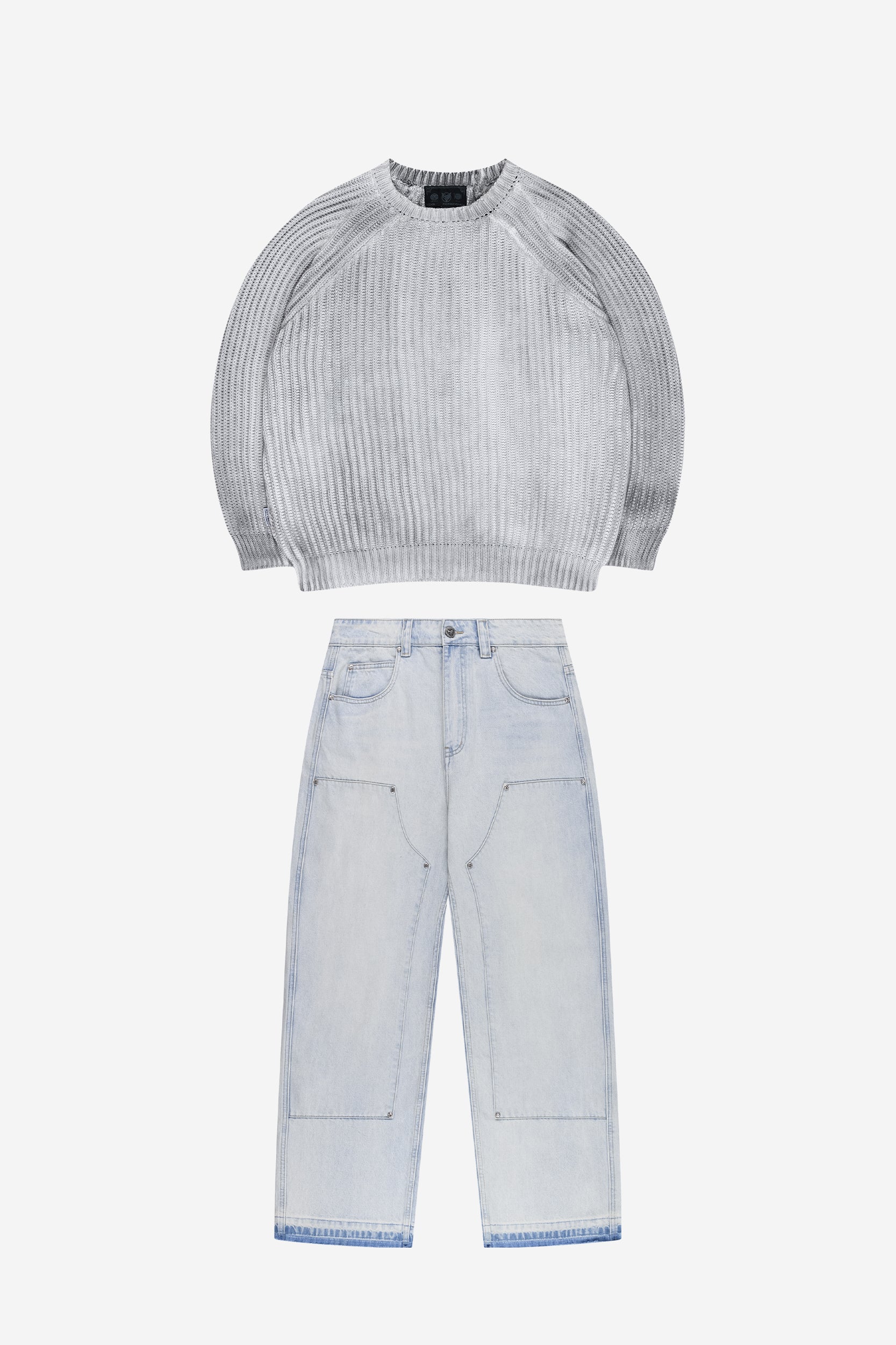 WASHED KNIT SWEATER LIGHT GREY + RHINESTONE CARPENTER DENIM BLUE