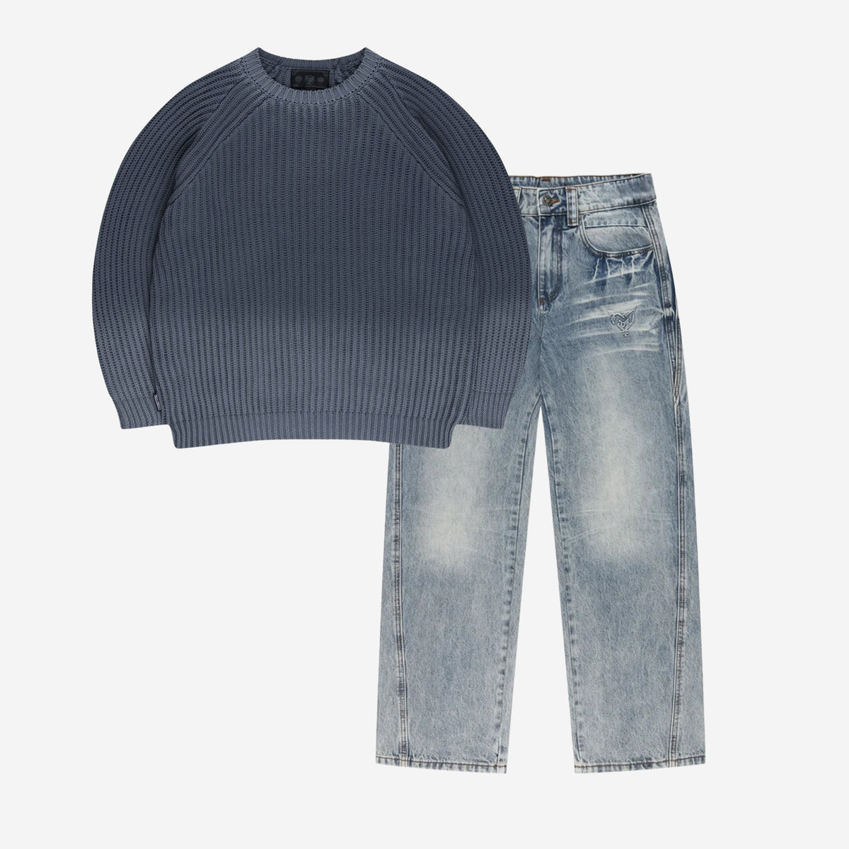 WASHED KNIT SWEATER ANTRACITE + DISTINCTIVE DENIM WASHED BLUE